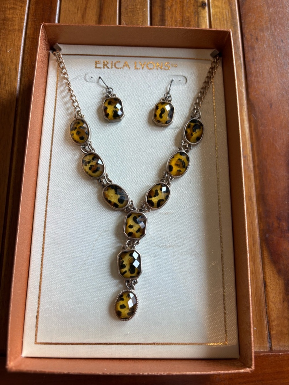 Erica Lyons Silver-Tone Leopard Print Y-Necklace with Matching Earrings
